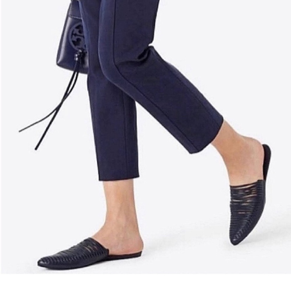 Tory Burch Blue Sienna Pointed Toe Leather Mules/Slides